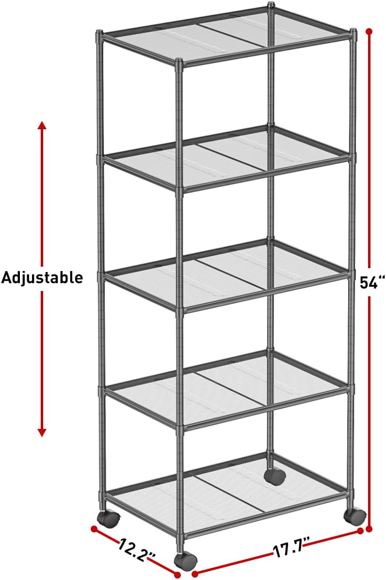 OVICAR Estante de almacenamiento con ruedas  Estantería ajustable de alambre de malla de 5 niveles, estante de almacenamiento de metal para cocina,