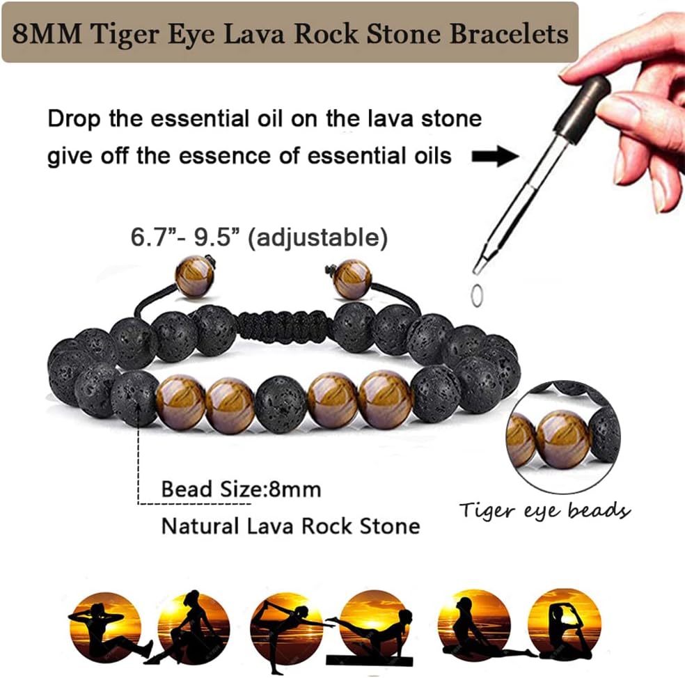 Paquete de 10 pulseras de piedra natural con cuentas de roca de lava para hombres y mujeres, cuentas de chakras de 0.315 in, pulseras difusoras de