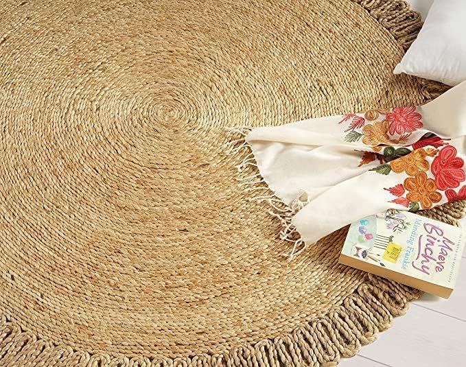 GRUHUM Alfombra redonda de yute de 3 pies, colección redonda de fibra natural, hecha a mano, con encanto bohemio, alfombra de yute suave, trenzada,