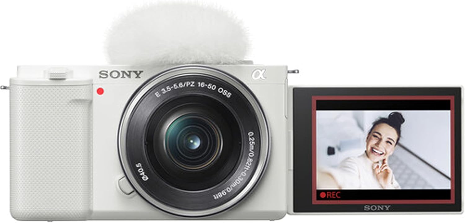 Sony ZV-E10 – Cámara sin espejo (blanco) con lente de 0.630-1.969 in + 2 piezas de memoria de 64 GB + luz de video LED + funda, trípode + pod de