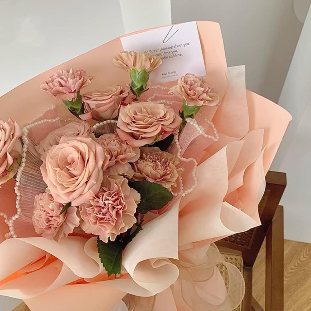 BBJ WRAPS Malla de envoltura de ramo de flores de gasa con perlas, hilo ondulado arrugado, floristería, embalaje floral para el día de San Valentín,