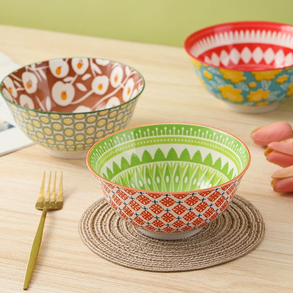 Juego de cuencos de porcelana para cereales, cuencos de cerámica para cocina, de 23 onzas, 6 juegos de cuencos coloridos con patrones lindos –