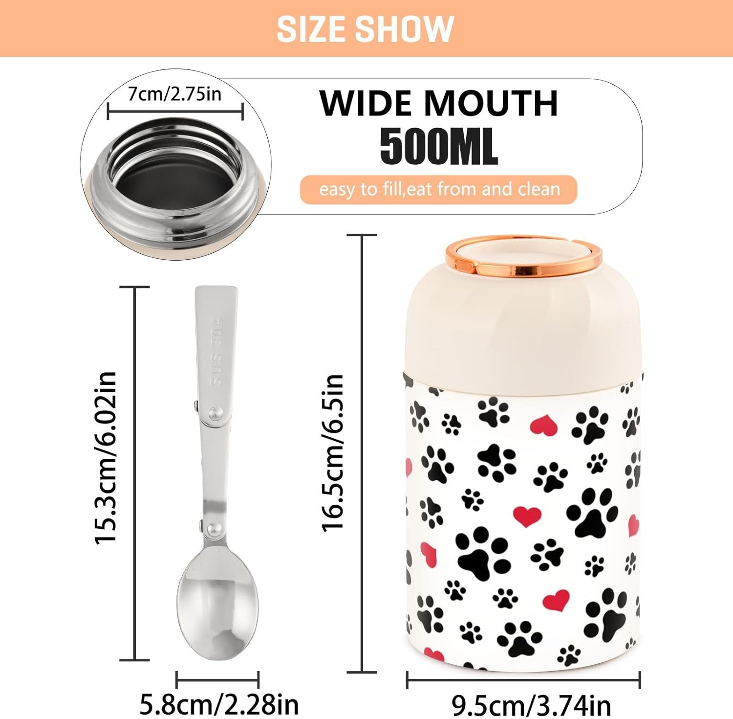 Tarro de comida aislado al vacío de 17 onzas, con diseño de pata de perro, pata de gato, termo de acero inoxidable para comida caliente y sopa con