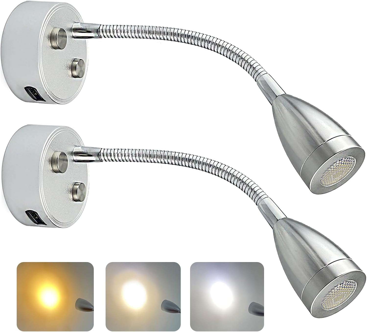 TZnpnor – Paquete de 2 luces LED de noche de 12 a 24 V, puerto de carga USB, cuello de cisne, atenuación táctil, foco giratorio de 360 para cámper,