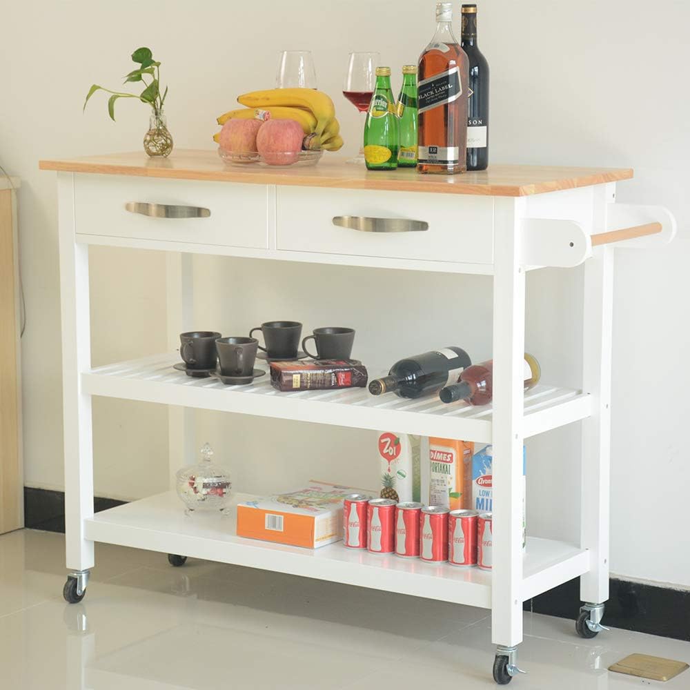 Isla de cocina rodante y carrito de cocina con 2 cajones, 2 estantes de almacenamiento, toallero y dos ruedas giratorias con bloqueo, mesa de