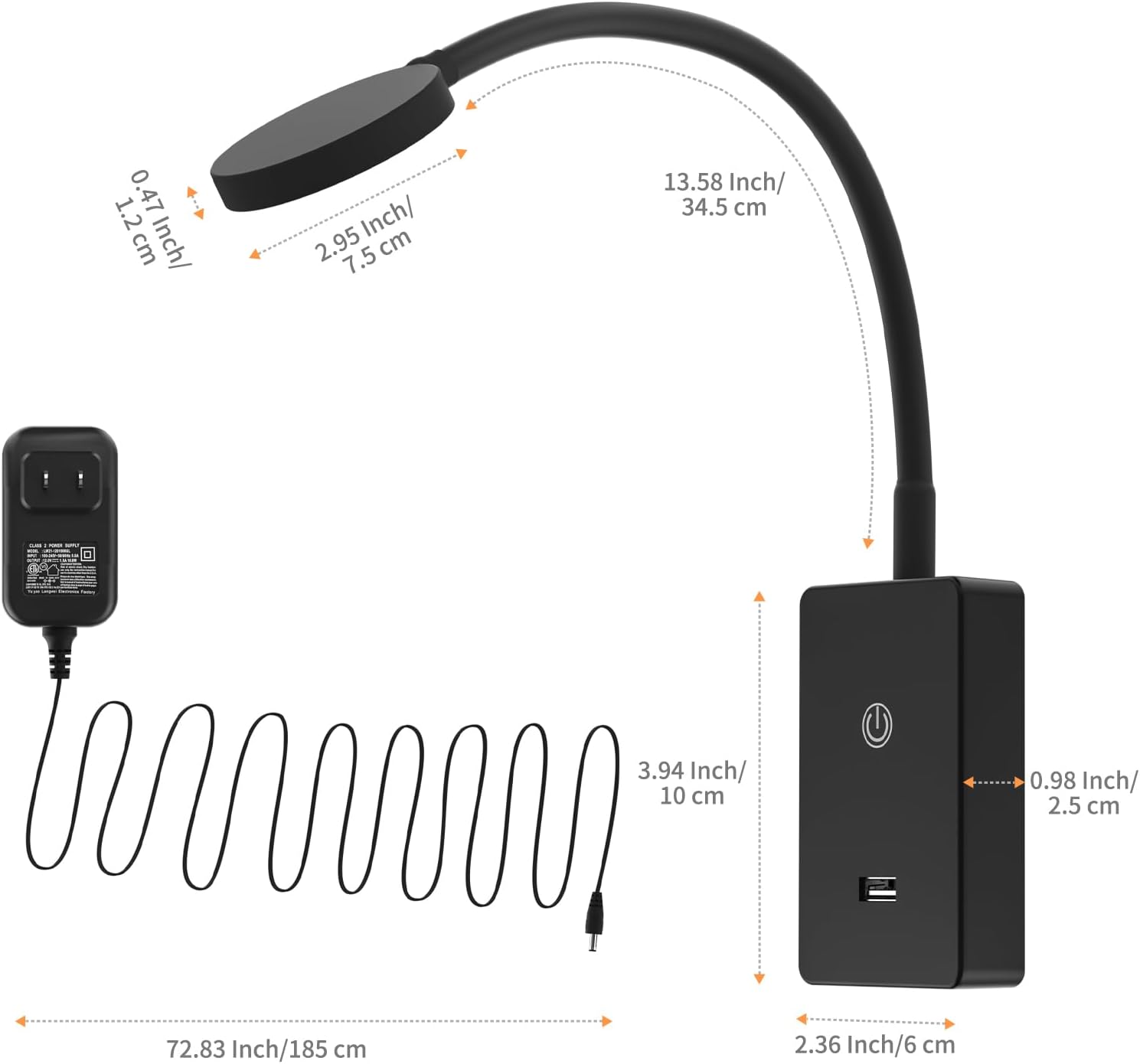 Luz de lectura LED de montaje en pared, lámpara de montaje en pared para interiores, lámpara negra de control táctil con salida USB de 5 V 2 A,