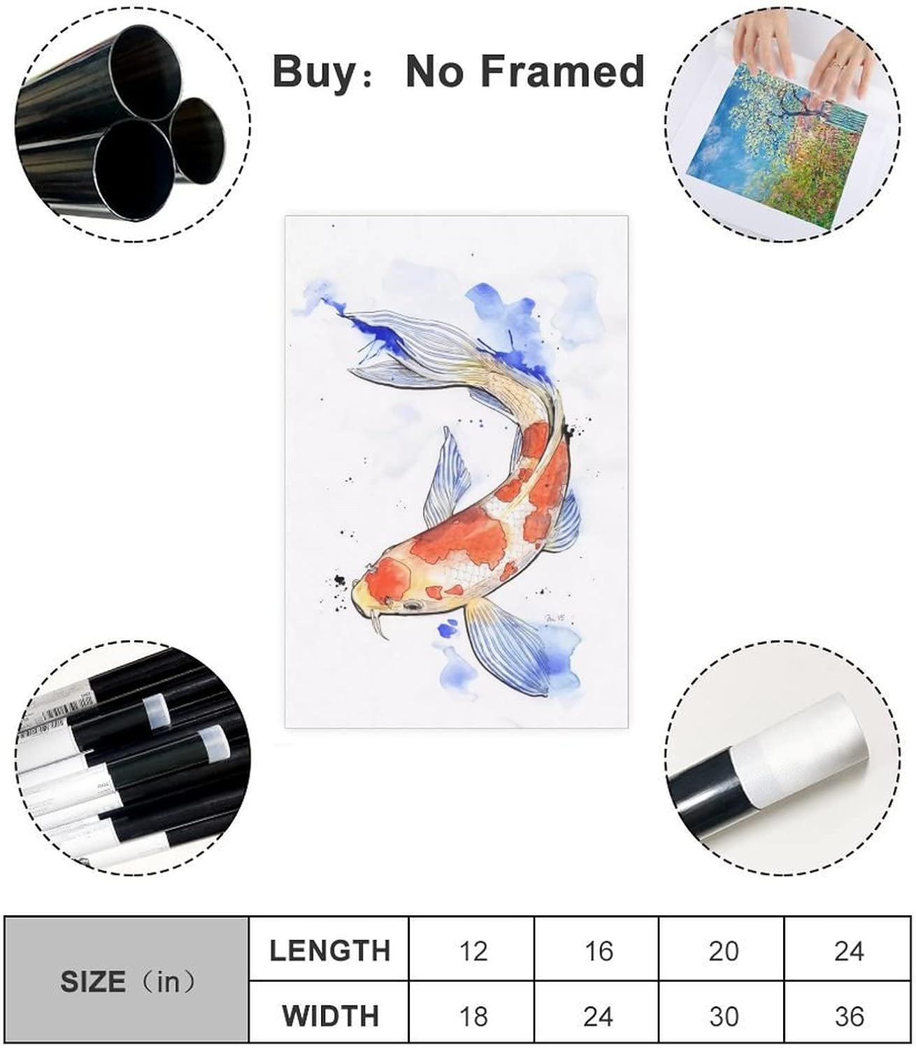 Póster de acuarela de pez Koi, 1 póster vintage de lienzo para pared, arte de pared, pintura impresa para sala de estar, dormitorio, sin marco, 24 x