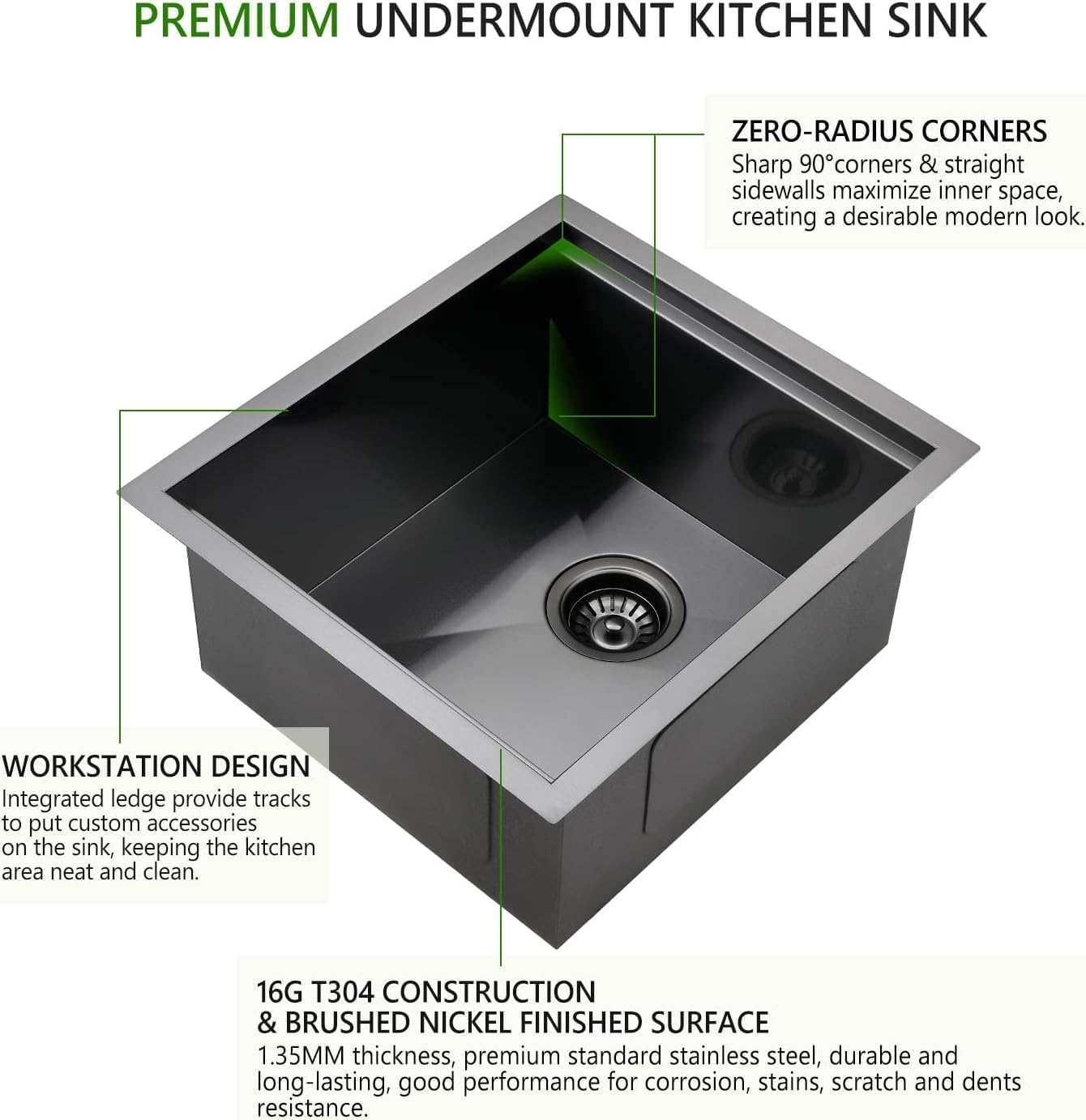 MESIDA Fregadero de cocina de acero inoxidable SUS304 de 22 pulgadas con un solo tazón, color negro (22 x 18 x 9 pulgadas)