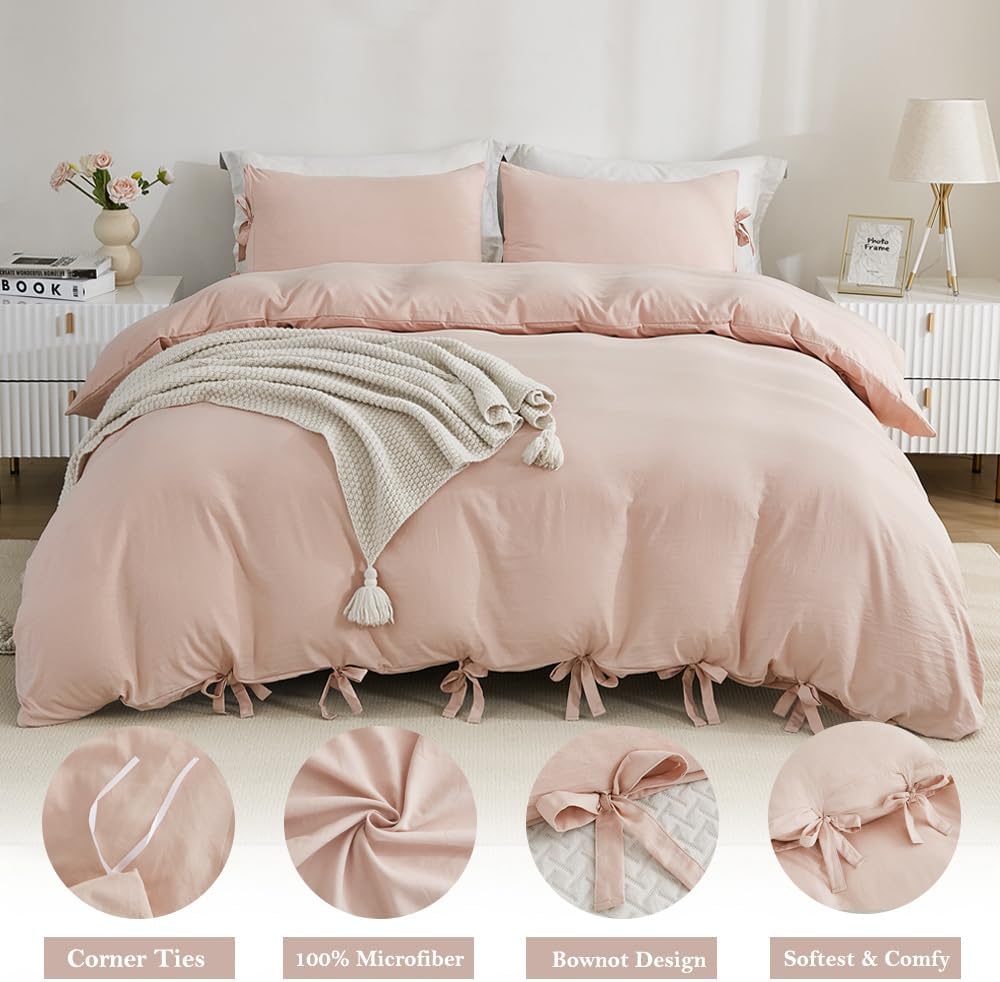 annadaif Juego de funda de edredón rosa matrimonial (79 x 90 pulgadas), 3 piezas (2 fundas de almohada, 1 funda de edredón), juego de funda de