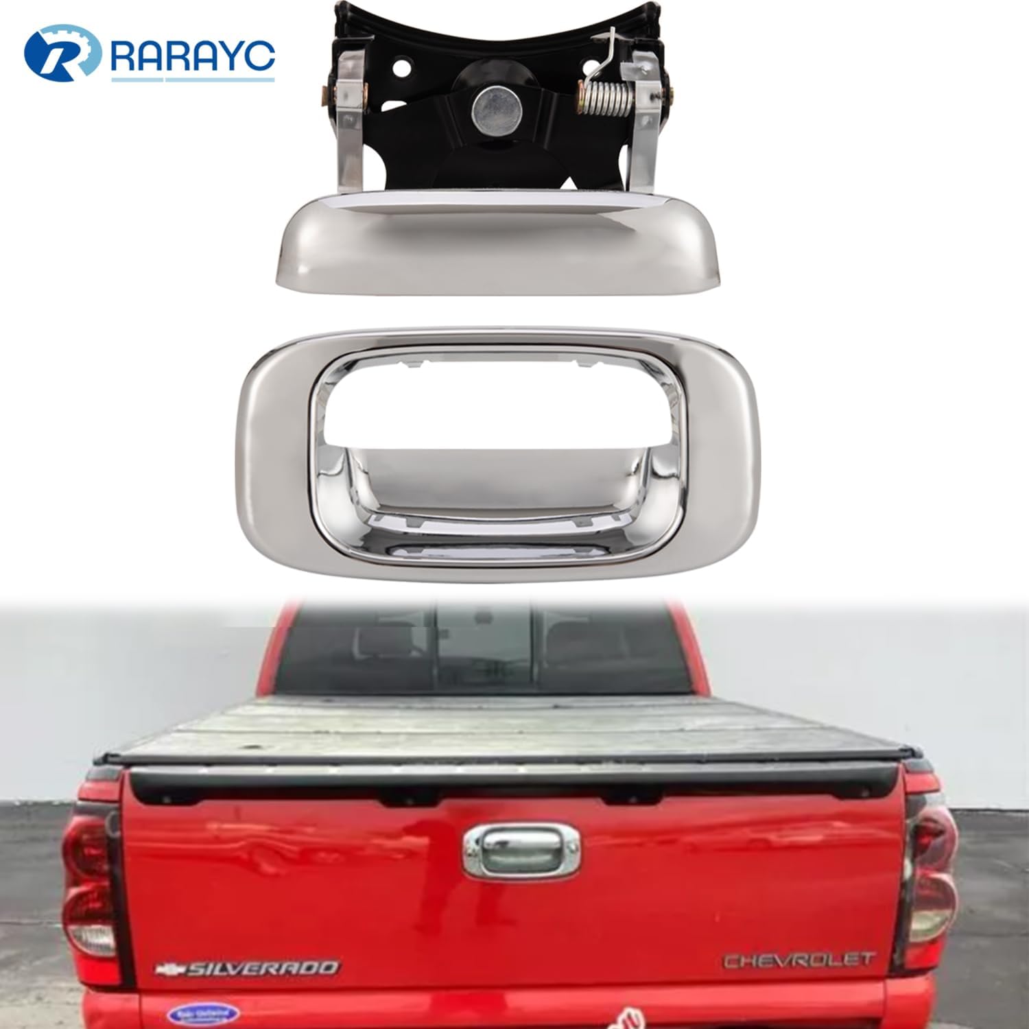 RARAYC Manija de puerta trasera y bisel cromados  Reemplazo para Chevy Silverado GMC Sierra 1500 2500 3500 1999-2007  Reemplaza# 15997911, 15228539,