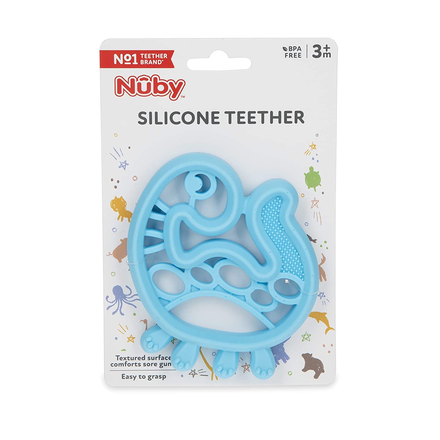 Nuby Mordedor de silicona 100% suave con cerdas de masaje 3M+, dinosaurio