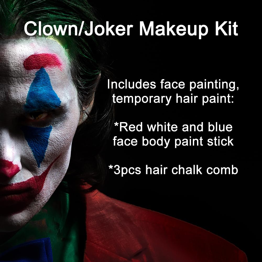 Mysense Kit de maquillaje de payaso, barra de pintura corporal de Joker rojo, blanco y azul, pintura facial crema y tiza de color verde temporal