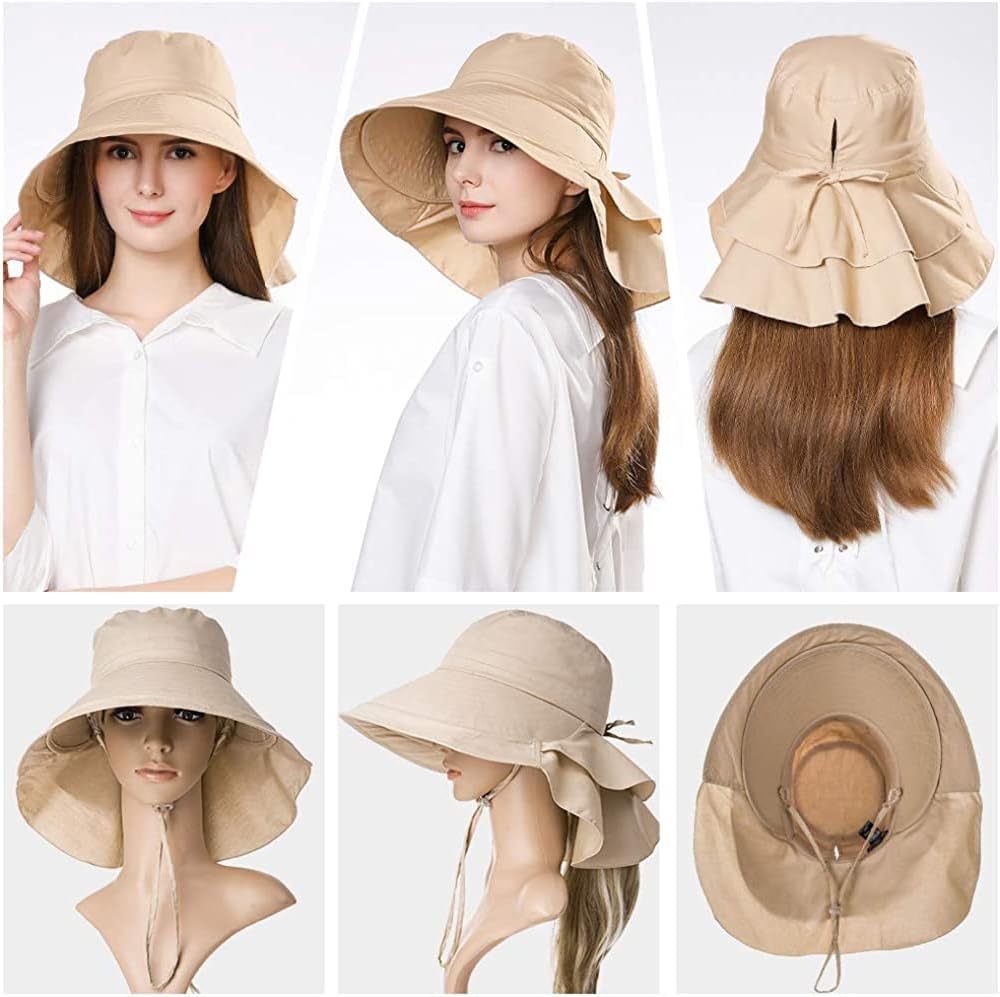 Paquete de 3 sombreros para mujer con solapa para el cuello, ala ancha, protección UV, sombrero de pescador, verano, playa, pesca, senderismo,