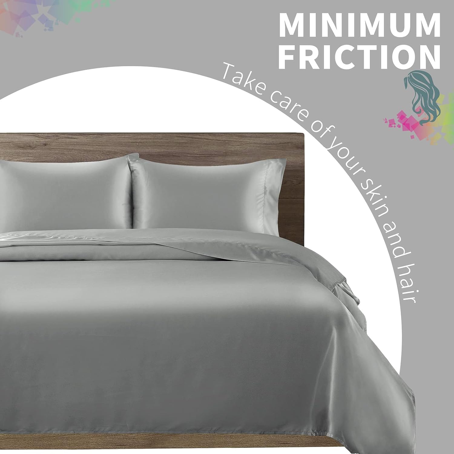 Juego de sábanas de lujo de 3 piezas, sábanas de satén transpirables, sábanas de cama individual gris claro con 1 sábana bajera de bolsillo