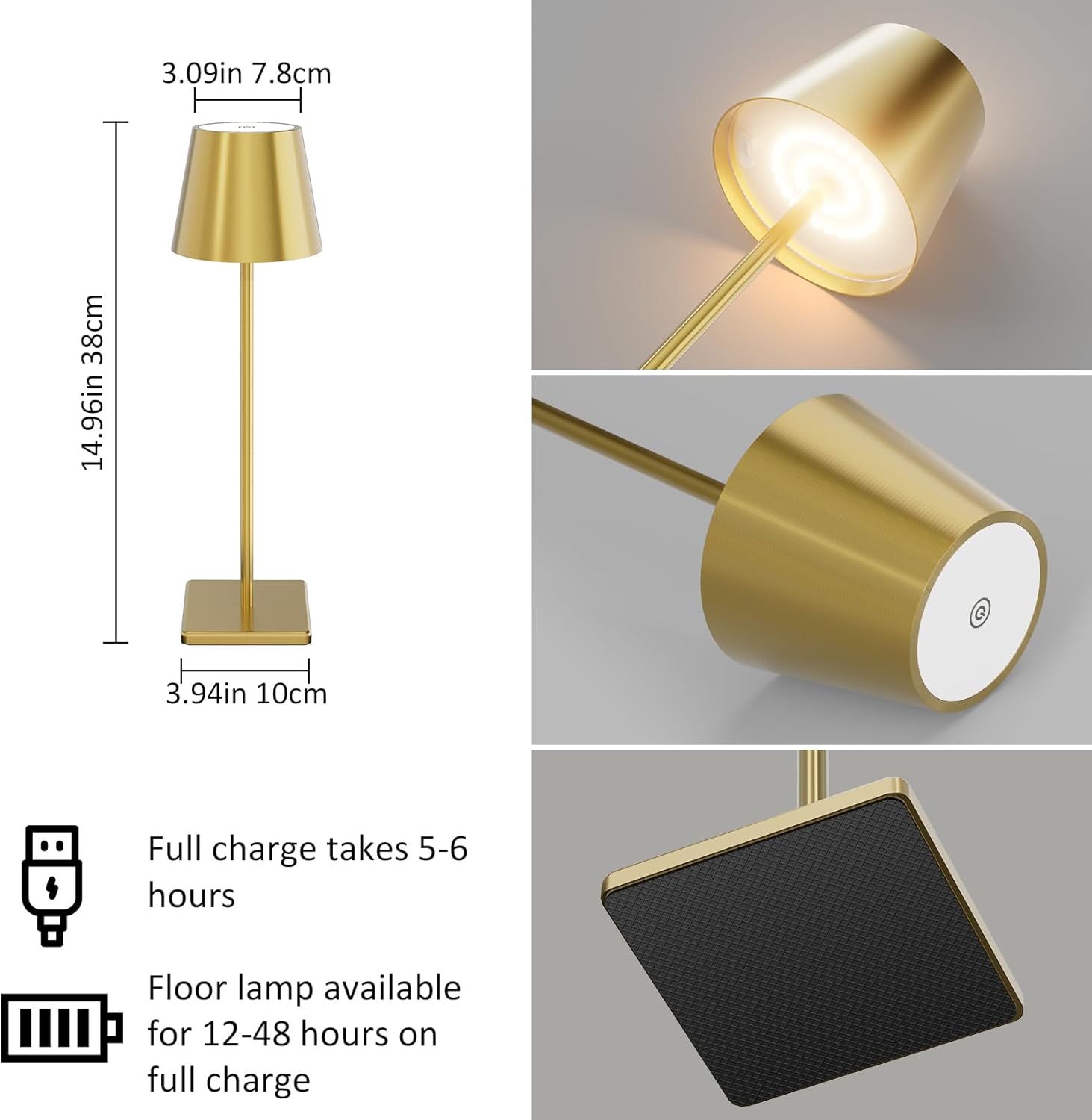 Paquete de 2 lámparas de mesa inalámbricas doradas, 5500 mAh, de latón, 3 temperaturas de color, regulables, recargables, para exteriores,