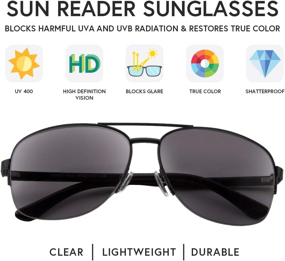 VITENZI Anzio – Gafas de sol con lectores para hombres y mujeres, lentes de lectura de aviador tintados con sol integrados