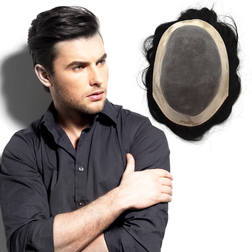 Tupé para hombres, piezas de cabello para hombres, uniones de poliuretano alrededor de cinta fácil para hombre, tupé, negro, gris, marrón, rubio,