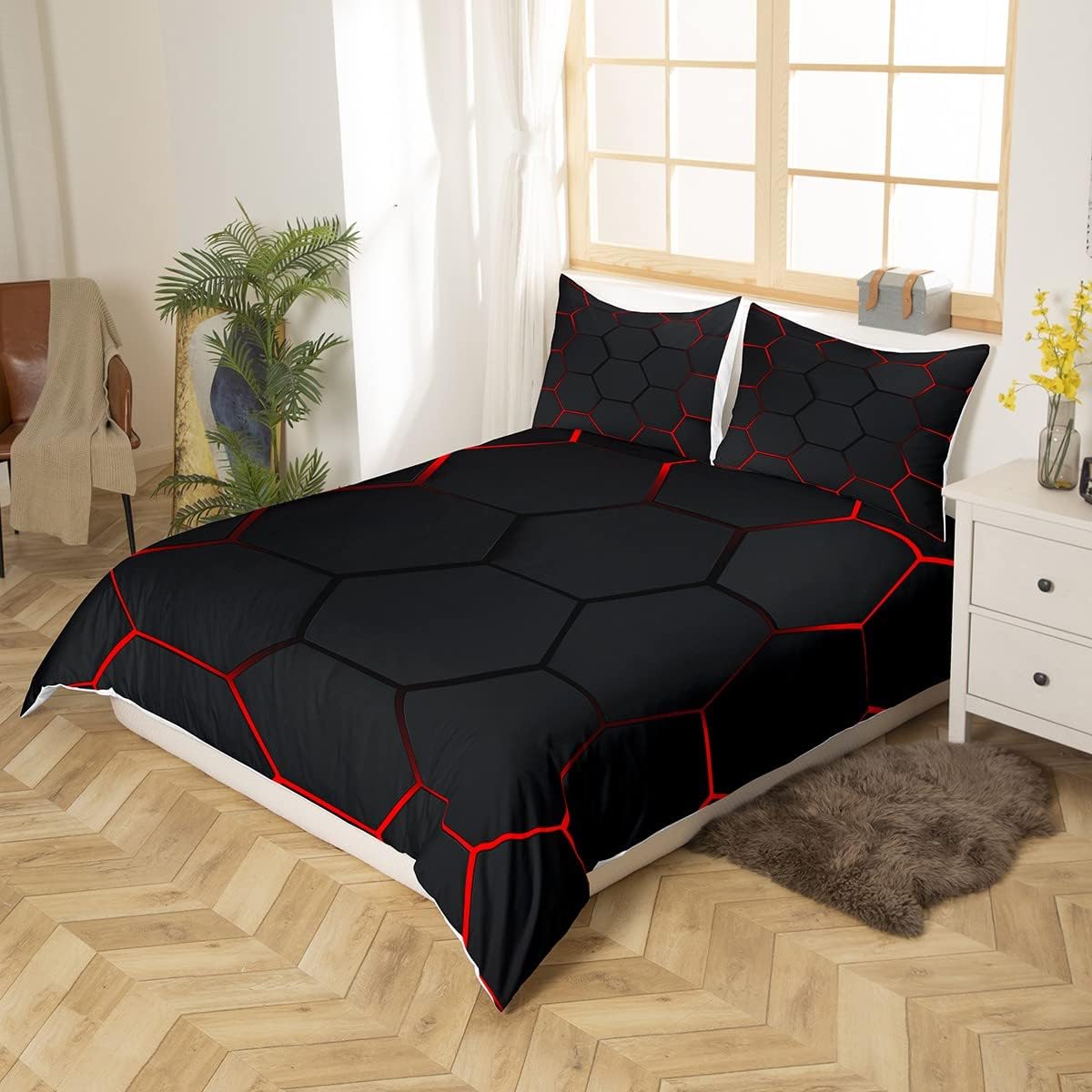 Juego de funda de edredón con diseño de panal de abeja, diseño geométrico moderno con diseño hexagonal para niños y niños, juego de funda de edredón