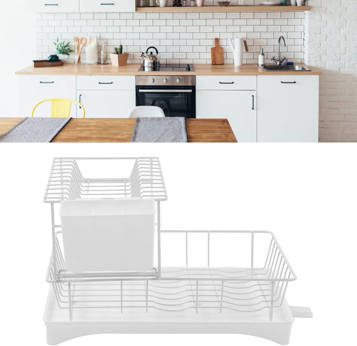 Escurridor de platos para encimera de cocina, 2 niveles con soporte para tazas, escurridor de platos con escurridor, soporte para utensilios de gran