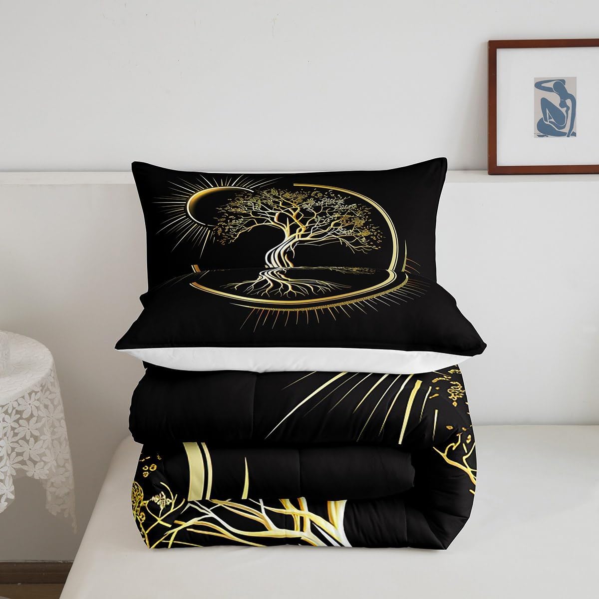 Castle Fairy Juego de edredón de sol y luna, tamaño Queen, juego de ropa de cama de 3 piezas para niños, adolescentes y niños, decoración de