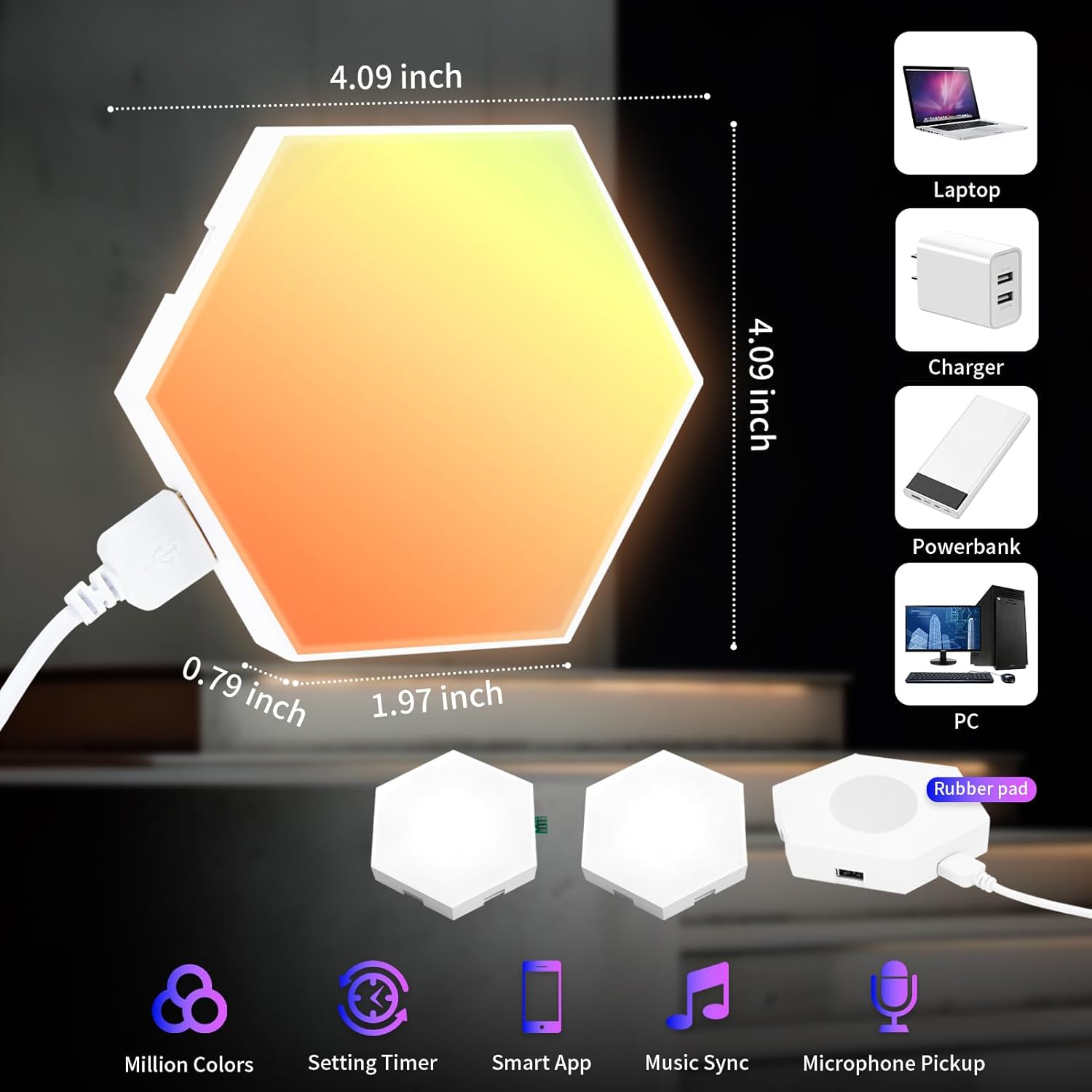 Mindore Paquete de 12 paneles de luz hexagonales, luces LED hexagonales inteligentes RGB con control remoto y sincronización de música, luces LED
