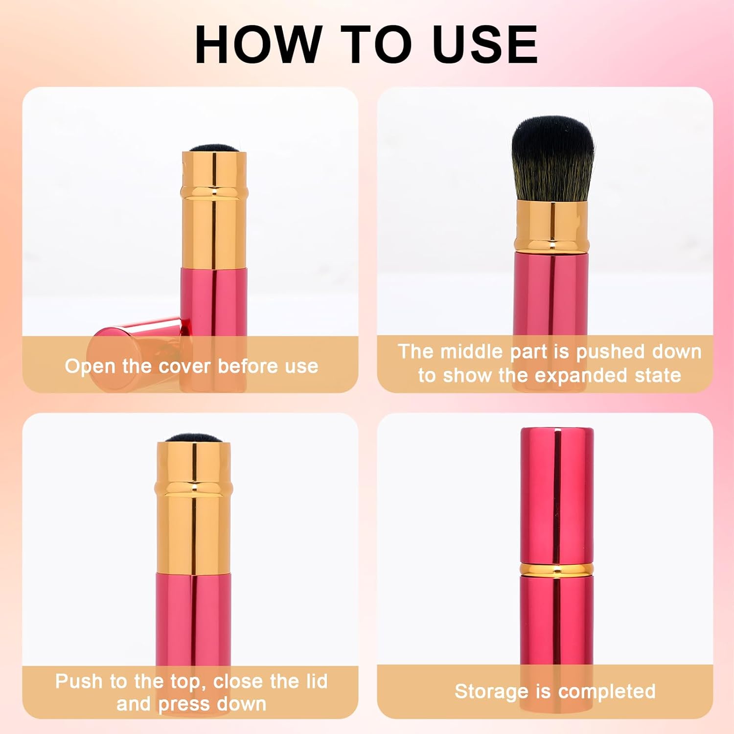 Brocha portátil para rubor, paquete de 2 brochas de maquillaje retráctiles Kabuki, brochas de maquillaje de viaje con cubierta para rubor,