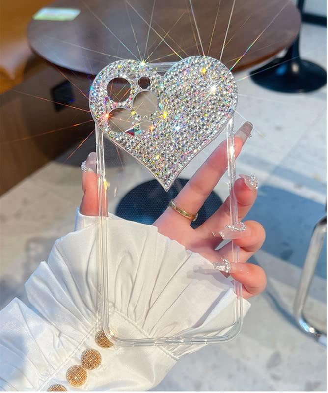 Funda transparente con purpurina compatible con iPhone 15, diseño de corazón 3D con diamantes de imitación femeninos brillantes y corazones