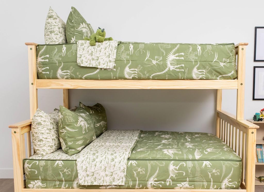 Beddy’s Nod & Winks – Juego de ropa de cama para niños pequeños, tema de fósiles, juego verde de 3 piezas con funda de colchón con cremallera,