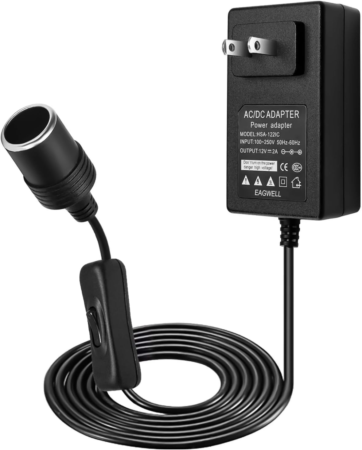 Adaptador de corriente para automóvil de 12 V con interruptor de encendidoapagado hembra para encendedor de cigarrillos, CA 100-240V a CC 12V