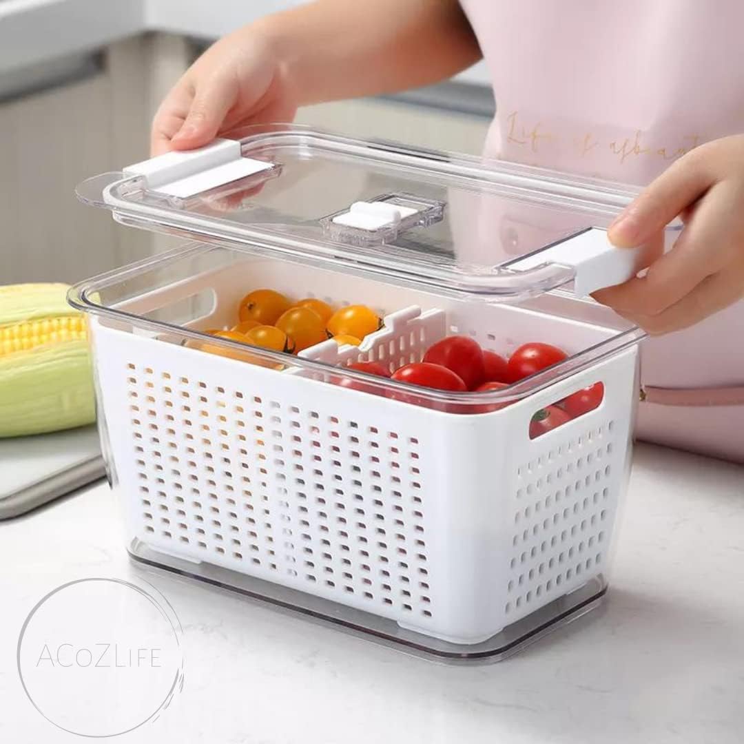 Contenedor de almacenamiento para refrigerador de cocina, paquete de 2 con cestas de drenaje y tapas