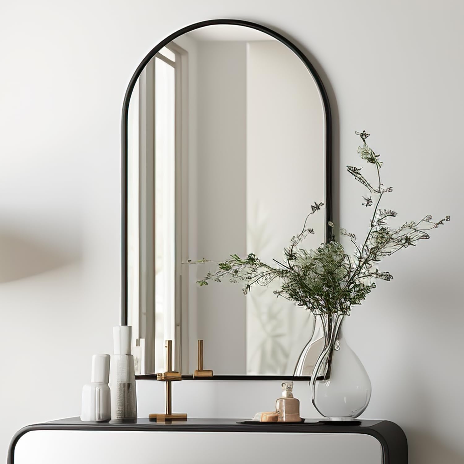 Espejo de pared arqueado, 30 x 20 pulgadas, espejo negro arco para tocador de baño, sala de estar o dormitorio, entrada, espejo de pared con arco