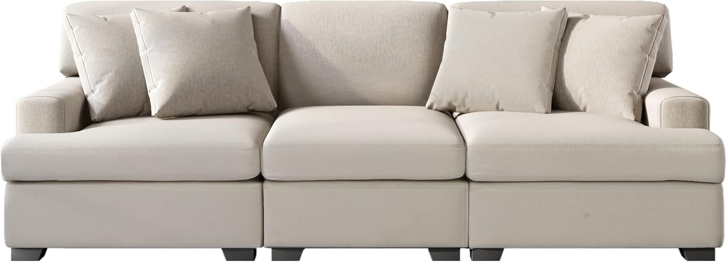 Cómodo sofá de 3 plazas de mediados de siglo, moderno sofá para sala de estar, sofá largo tapizado de tela de lino con 4 cómodas almohadas para