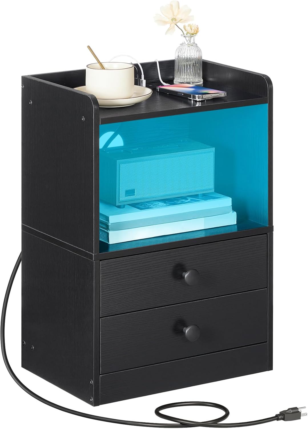 HOOBRO Mesita de noche con estación de carga, moderna mesita de noche con luces LED, mesa auxiliar con 2 cajones, mesa auxiliar con puertos USB y