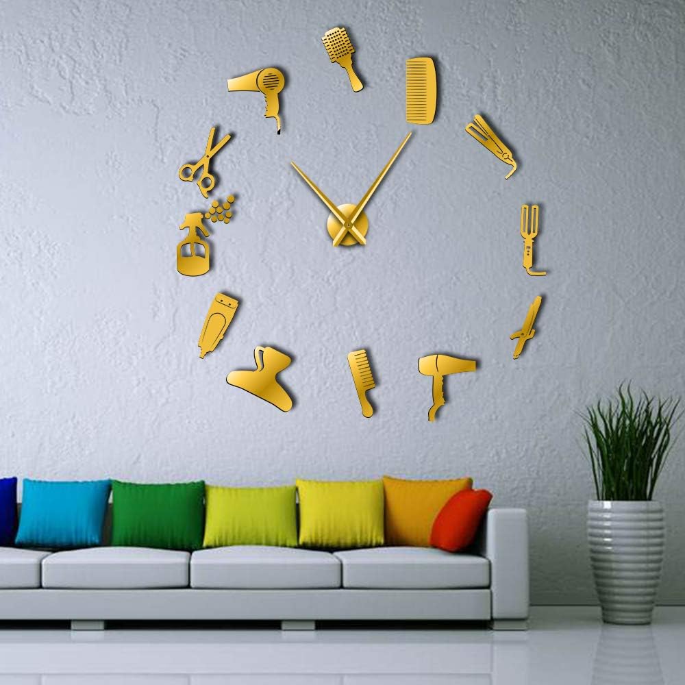 DIY Barbería Reloj de pared gigante con efecto espejo Barbería Toolkits Decorativo sin marco Reloj Peluquero Peluquero Arte de pared (dorado)