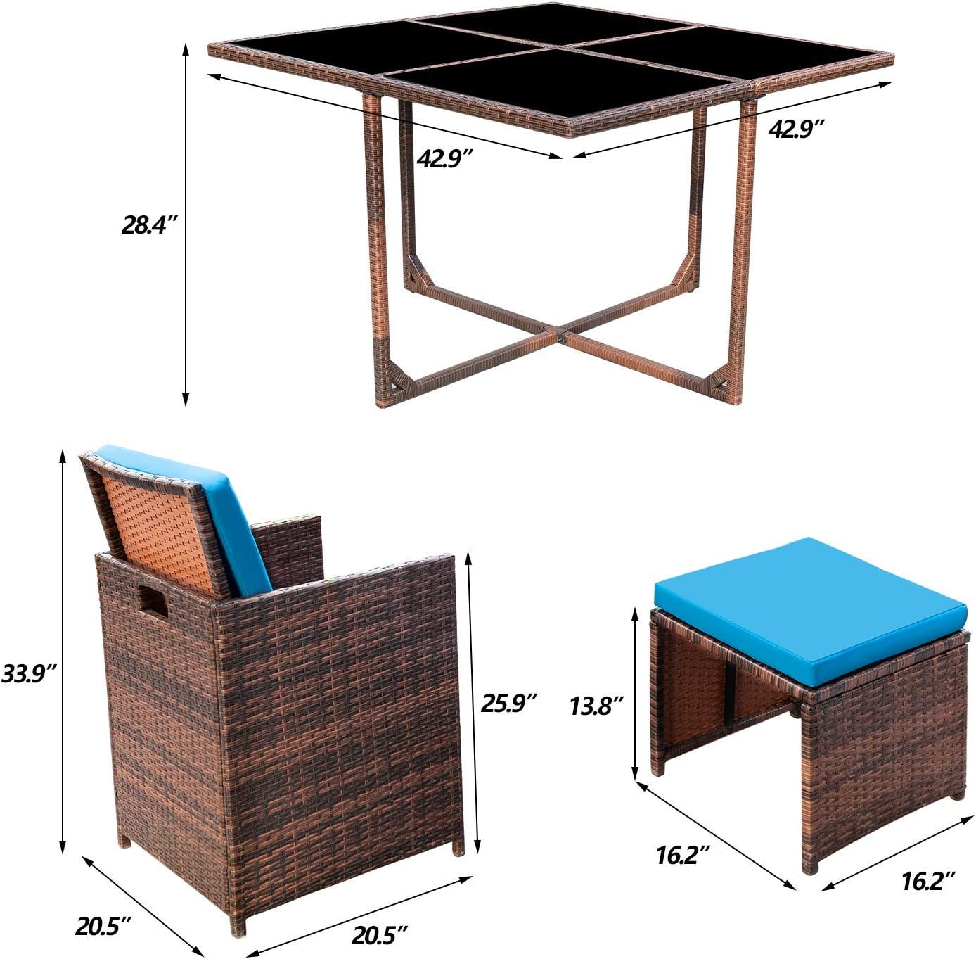 KaiMeng – Juego de comedor de 5 piezas para patio, sillas de mimbre marrón y negro, para exteriores, muebles de mimbre para balcón, porche con