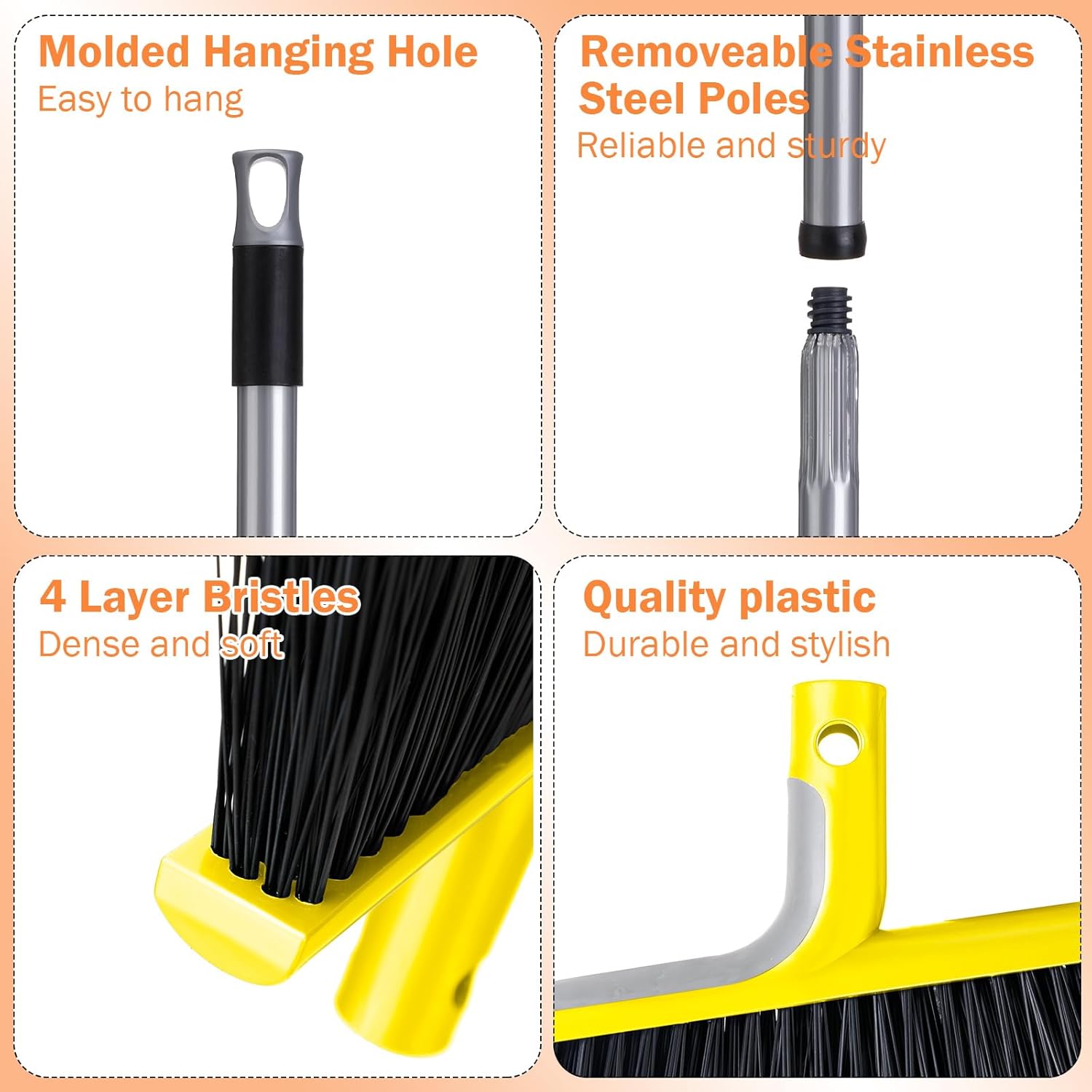 4 escobas resistentes a granel, escoba comercial resistente para exterioresinteriores con mango largo de 58 pulgadas para el hogar, garaje, cocina,