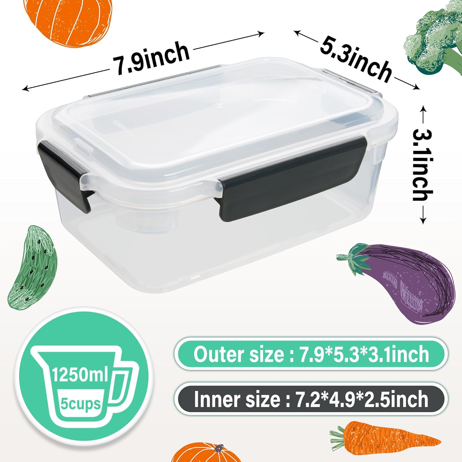 Recipientes de almacenamiento de alimentos sin BPA con tapas, 5 tazas de plástico extra grueso para congelador, sobras de comida preparada,