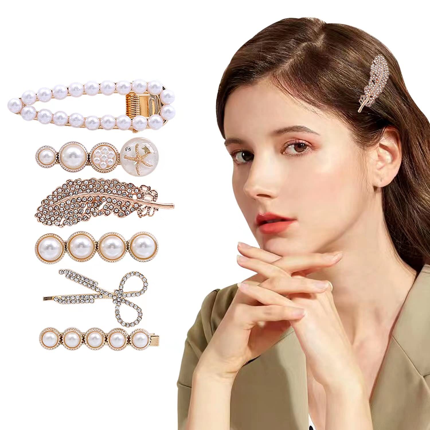 AAPAH 6 pinzas para el cabello, pinzas para el cabello con perlas, pasadores de pelo hechos a mano, elegantes horquillas en forma de hoja, juego de