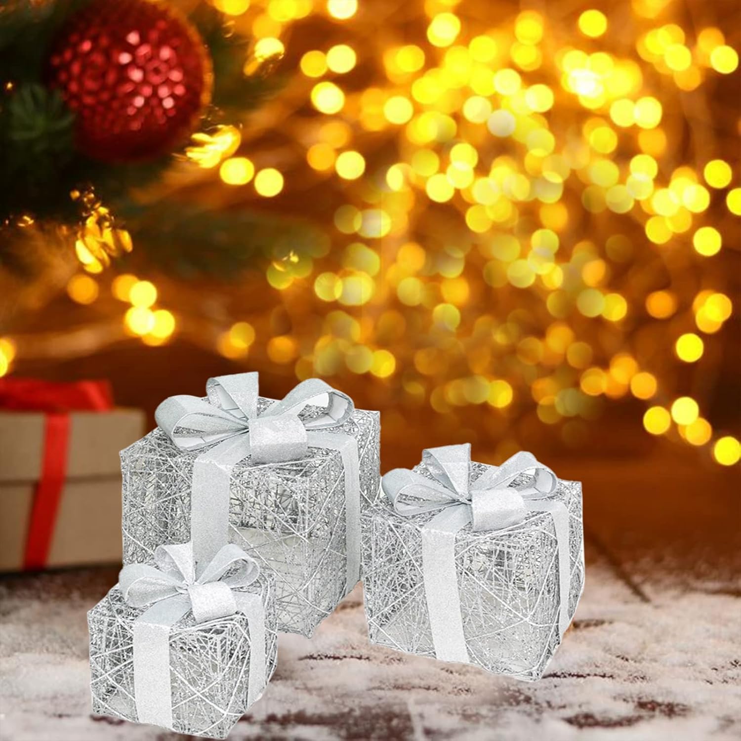 Juego de 3 cajas de regalo iluminadas de Navidad, cajas de regalo iluminadas de Navidad con lazo, cajas de regalo preiluminadas, cajas de Navidad