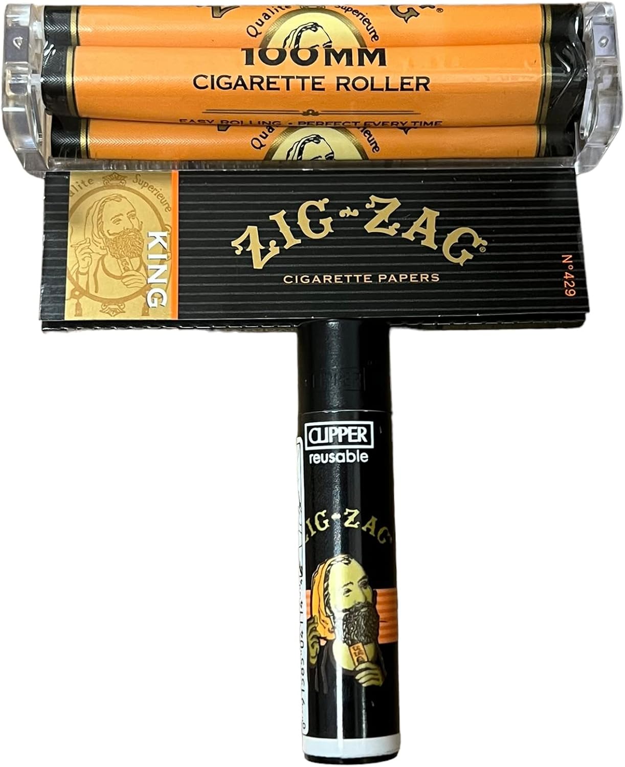 Zig Zag – Papel rodante tamaño King + máquina rodante de 3.937in + encendedor de cortadora en zigzag + tarjeta de cuchara RSV