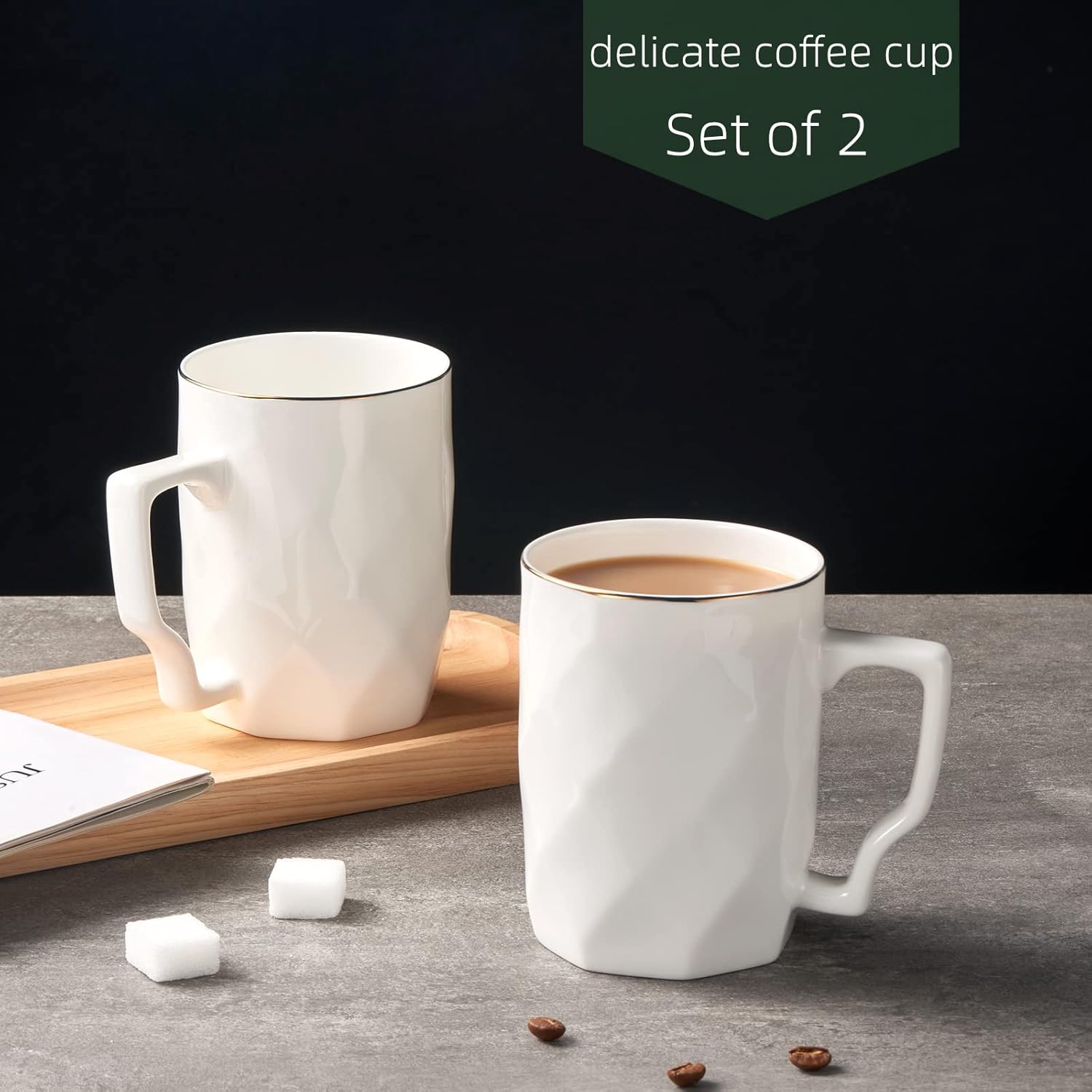 Tazas de café, tazas de café de porcelana blanca de hueso de 12 onzas con más del 45% de contenido de hueso, tazas de té de cerámica ligeras, juego