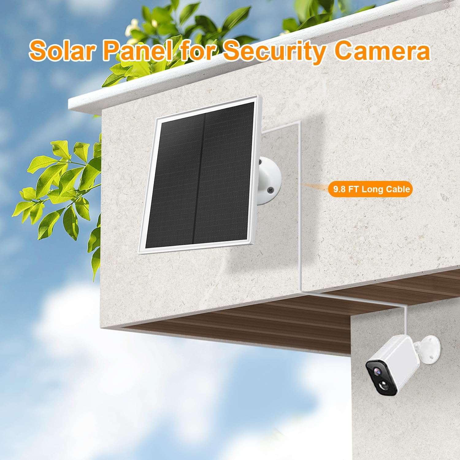 Panel solar para cámara de seguridad, cargador de panel solar de 8 W para cámara de carga rápida, enchufe USB C y micro USB, cable de 9.8 pies,