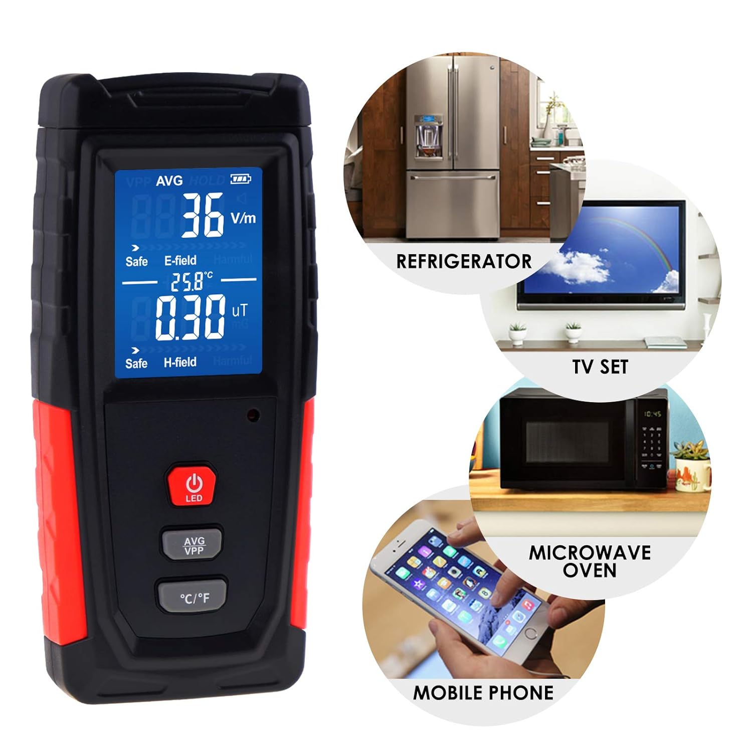 Probador digital EMF Detector de radiación de campo eléctrico y magnético Medición de temperatura con pantalla de color y batería recargable