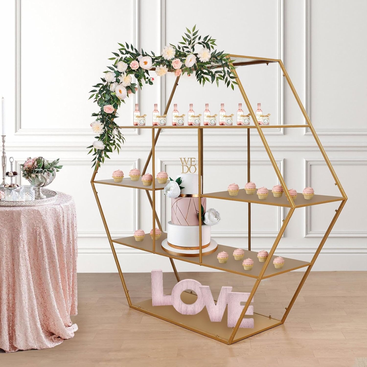 Efavormart – Soporte hexagonal grande de metal dorado para postres para tartas y postres, telón de fondo de arco de boda, estante para globos,