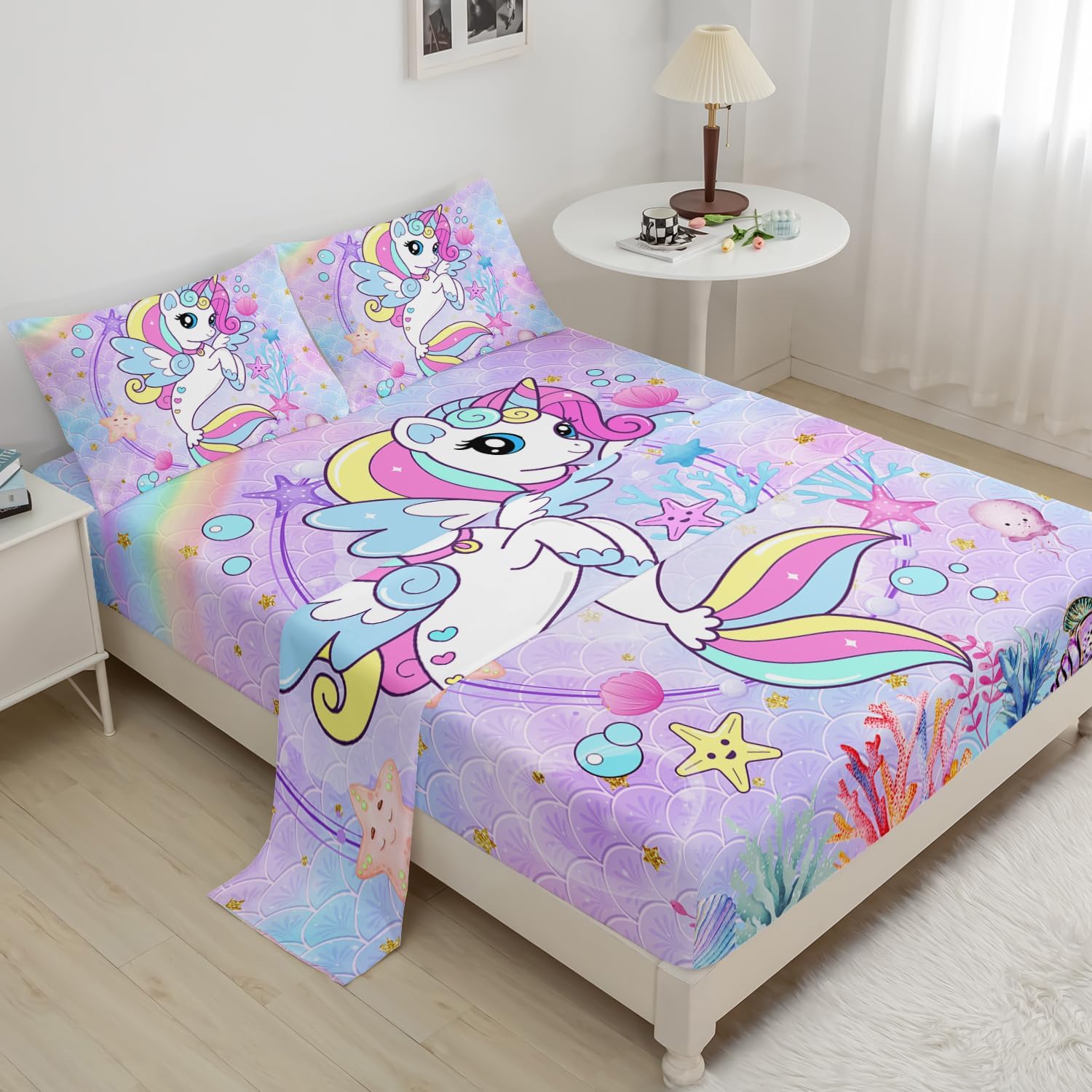 BailiPromise Juego de sábanas de sirena para niños, tamaño Queen, con estampado de unicornio y arcoíris, unicornio y estrella de mar, adecuado para