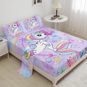 BailiPromise Juego de sábanas de sirena para niños, tamaño Queen, con estampado de unicornio y arcoíris, unicornio y estrella de mar, adecuado para BailiPromise Juego de sábanas de sirena para niños, tamaño Queen, con estampado de unicornio y arcoíris, unicornio y estrella de mar, adecuado para