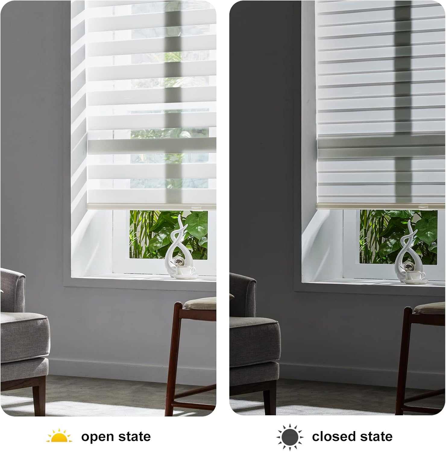 Persilux Persianas sin cordones estilo cebra para ventanas, sin cordones, 35 pulgadas de ancho x 47 pulgadas de alto, control de luz de doble capa