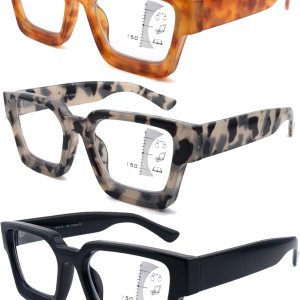 LOVIVY Paquete de 3 lentes de lectura multifocales progresivos para mujeres y hombres, de gran tamaño, retro, cuadrados, multienfoque, lectores LOVIVY Paquete de 3 lentes de lectura multifocales progresivos para mujeres y hombres, de gran tamaño, retro, cuadrados, multienfoque, lectores
