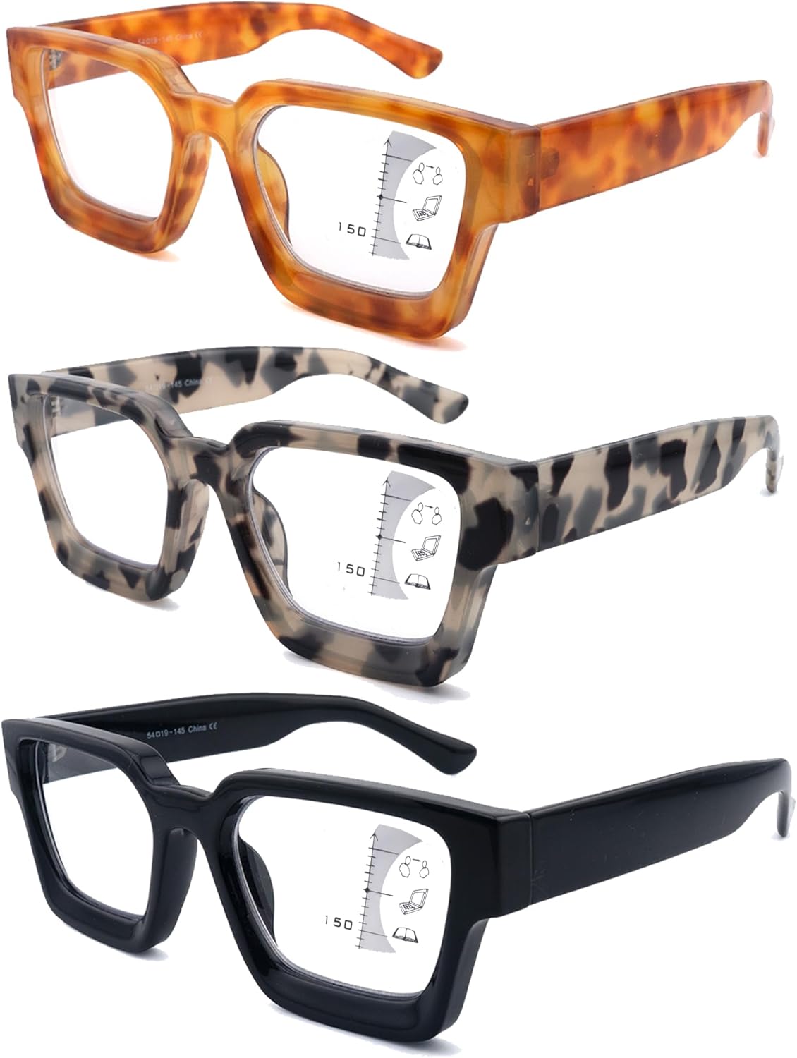 LOVIVY Paquete de 3 lentes de lectura multifocales progresivos para mujeres y hombres, de gran tamaño, retro, cuadrados, multienfoque, lectores