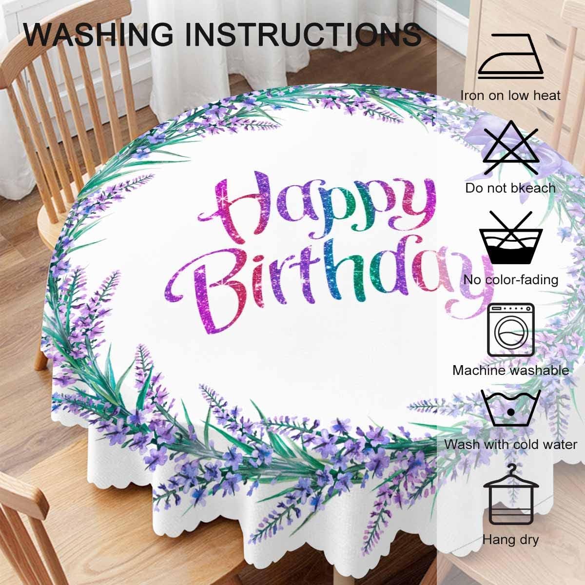 Mantel de feliz cumpleaños de 60 pulgadas de diámetro, corona redonda de acuarela con flores de lavanda, manteles de flores de lavanda moradas para